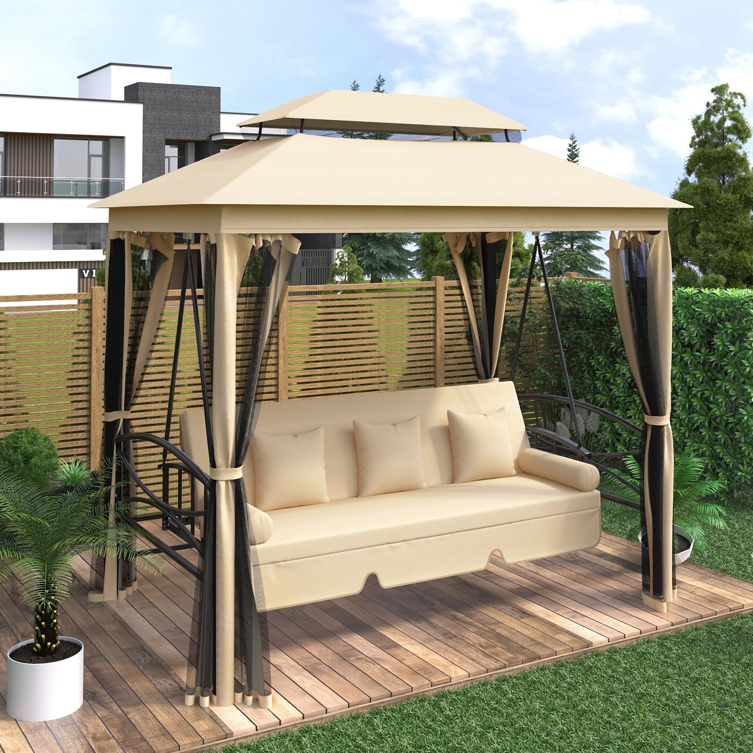 Kepooman Outdoor Gazebo Tent, Double Roof Soft Canopy Garden Gazebo with Convertible Swing Bench and Mosquito Netting Suitable, Gazebo for Lawn, Garden, Backyard, khaki Kepooman Outdoor Gazebo Tent, Double Roof Soft Canopy Garden Gazebo with Convertible Swing Bench and Mosquito Netting Suitable, Gazebo for Lawn, Garden, Backyard, khaki