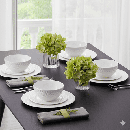 12 Piece Bone China Dinnerware Set, White Plates and Bowls Set for 4, Textured Rim Design, Microwave and Dishwasher Safe, Everyday Dining