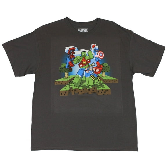 Marvel Comics Mens T-Shirt -  Pixel Block Style Attack Avengers & Spider-Man (X-Large)