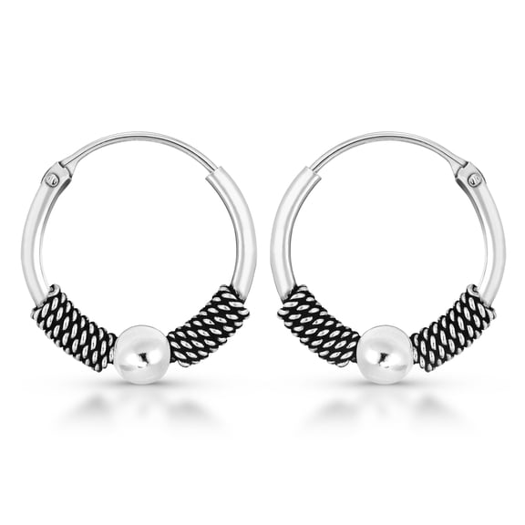 Stunning Balinese Art Ball and Braided Rope Sterling Silver Hoop Earrings