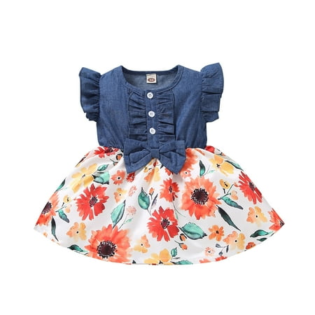 

Fesfesfes Newborn Infant Baby Girls No Sleeve Ruffle Denim Patchwork Floral Princess Dress