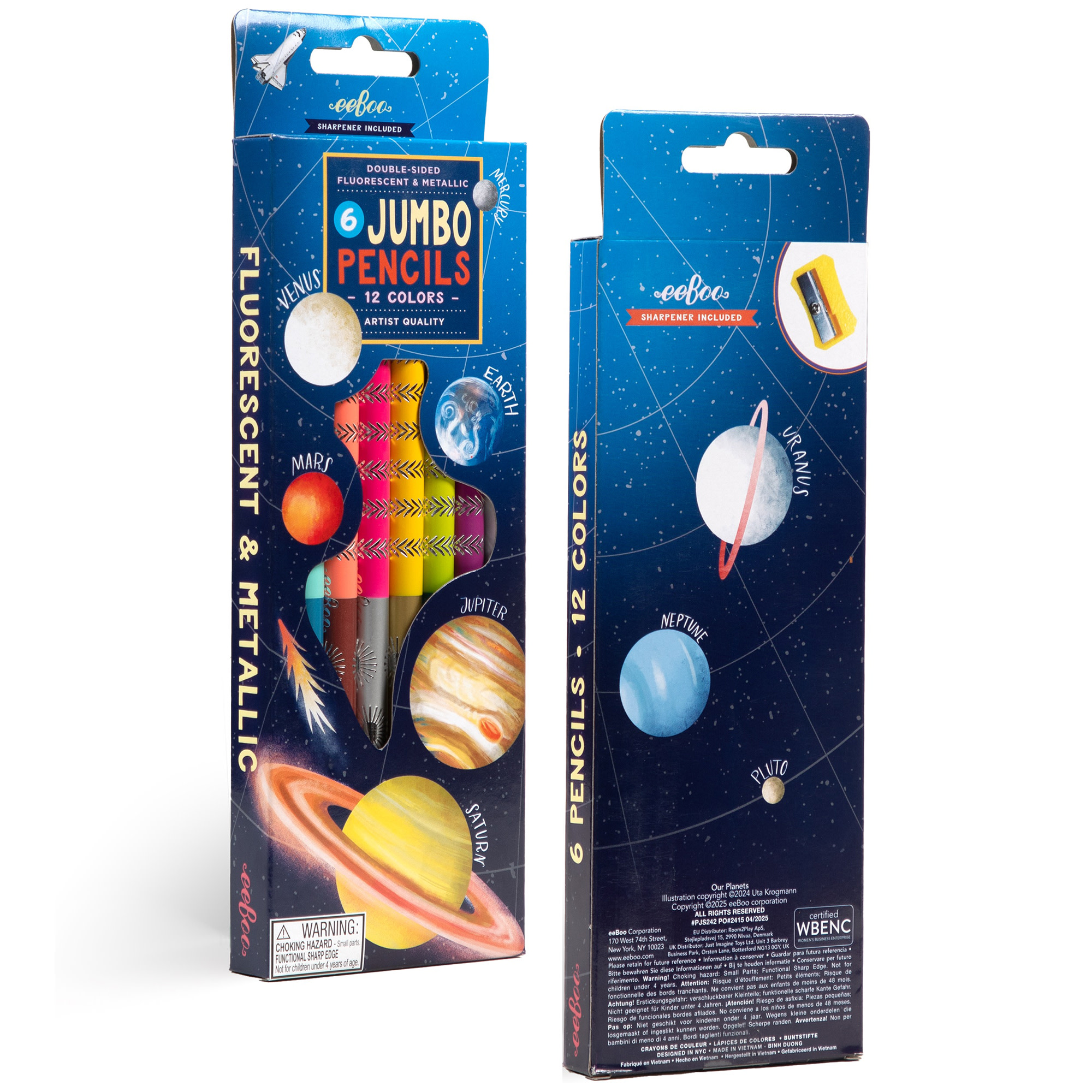 eeBoo: Jumbo Double-Sided Colored Pencils – Our Planets - 6pc Set, 12 Metallic & Fluorescent Colors, Sharpener, Chunky Foil Barrel, Kids Art Supplies