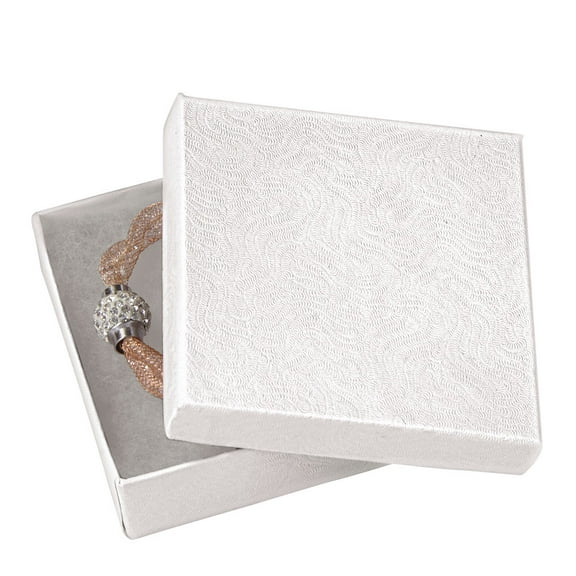 3 ½ x 3 ½ x 1 inch White Embossed Cotton Filled Jewelry Boxes - Case of 100