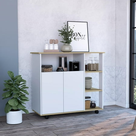 Paprika Kitchen Cart Four Casters Four Open Shelves Double Door Cabinet Light Oak / White