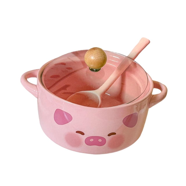 twisto Ramen Bowl with Handle and Lid Multifunctional Cartoon for Rice Cereal Fruit Pink