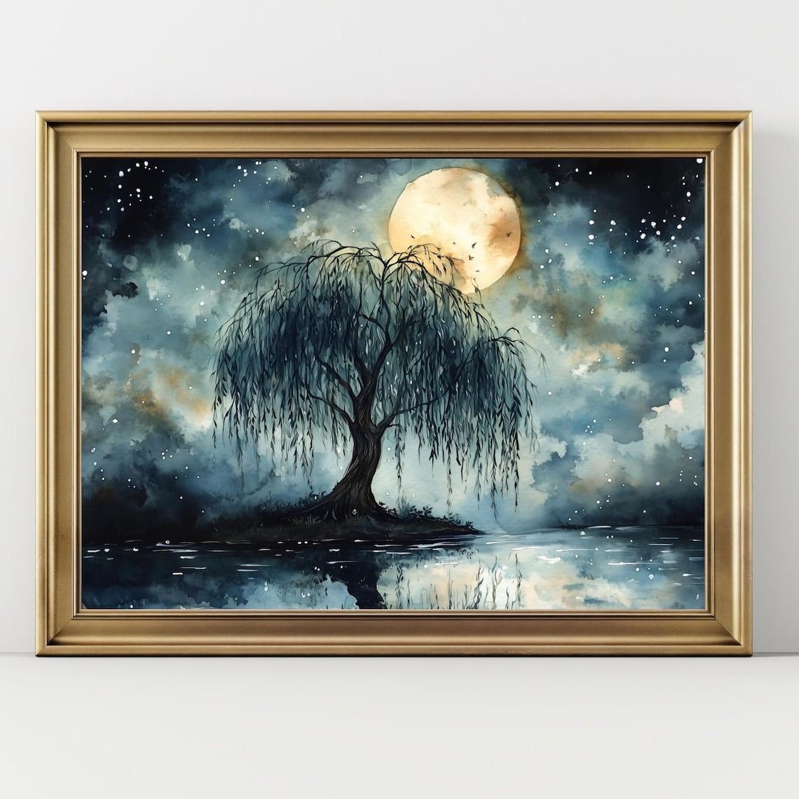 Mystical Full Moon Willow Tree Wall Art Night Forest Landscape Print Moody Sky & Water Reflection Nature Decor