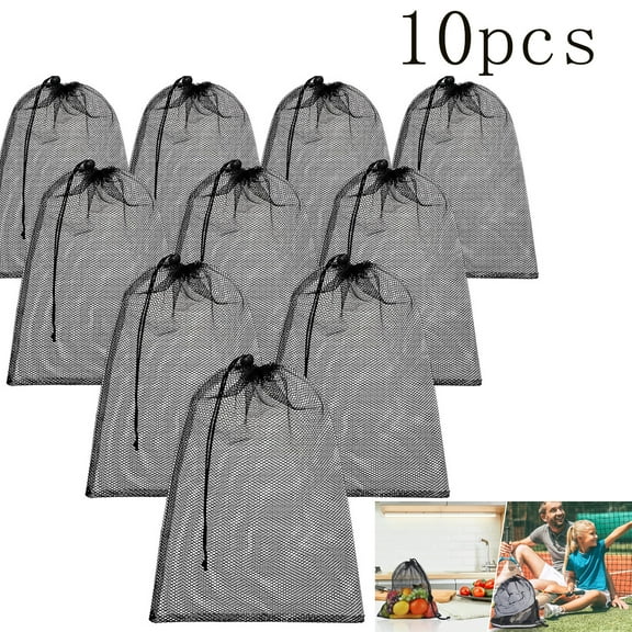 Tutuviw 10Pcs Mesh Storage Bags,Mesh Drawstring Bag with Cord Lock Closure,13" x 16" Heavy Duty Nylon Durable Mesh Bag for Laundry Swimming Gym Travel Beach Toys Outdoor (Black)