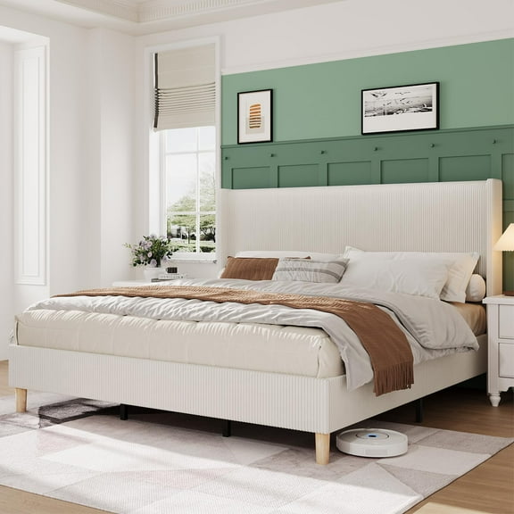 Full Size Bed Frame, Corduroy Upholstered Full Bed Frame with Wingback Headboard, Strong Wooden Slats, No Box Spring Needed, Easy Assembly