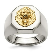 14K Gold Lion Accent on Stainless Steel Octagon Signet Ring Size 10, Leo Men's Ring Jewelry