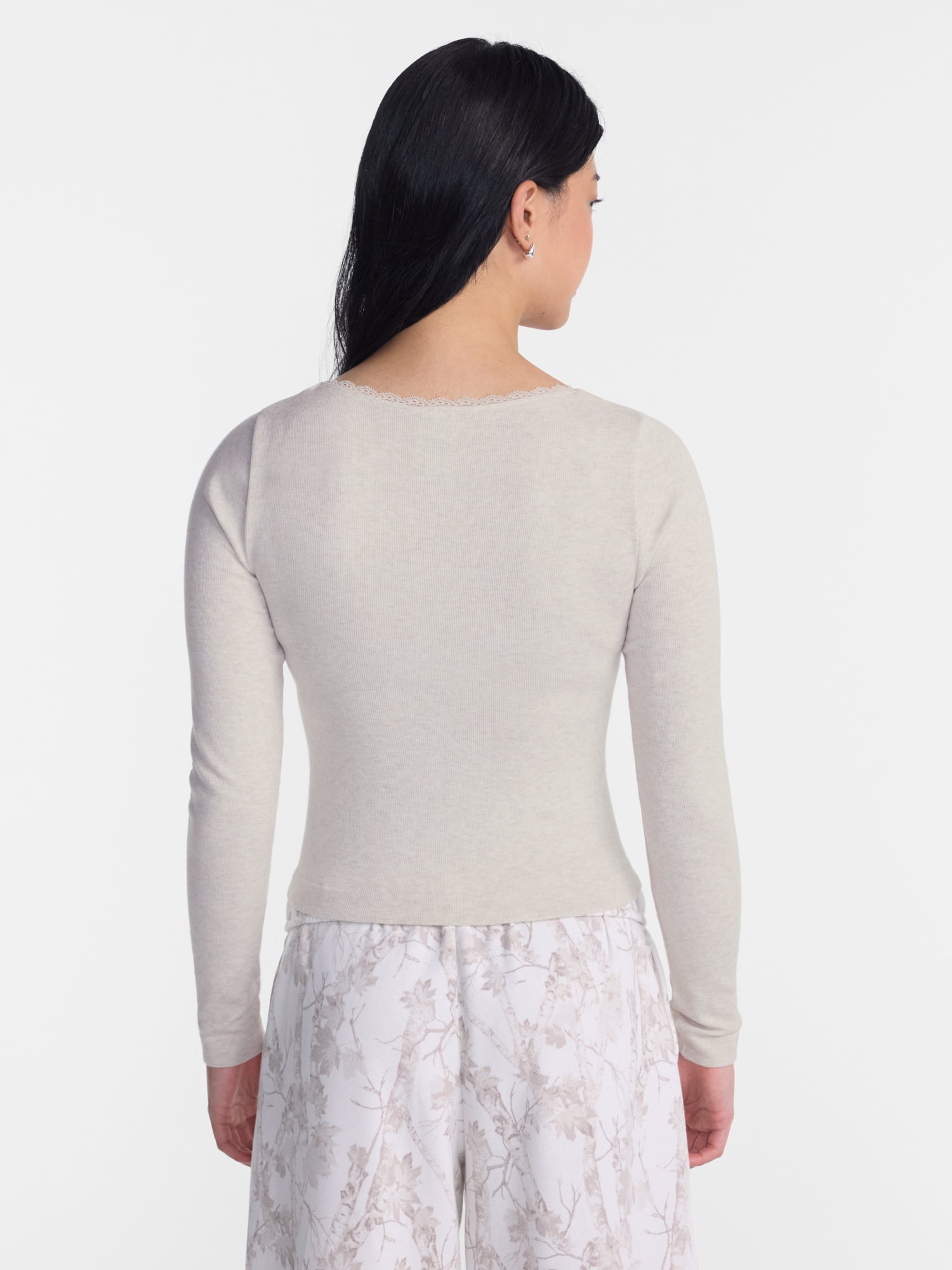 No Boundaries Long Sleeve Seamless Tee with Lace Trim, Women's XXS-XXL