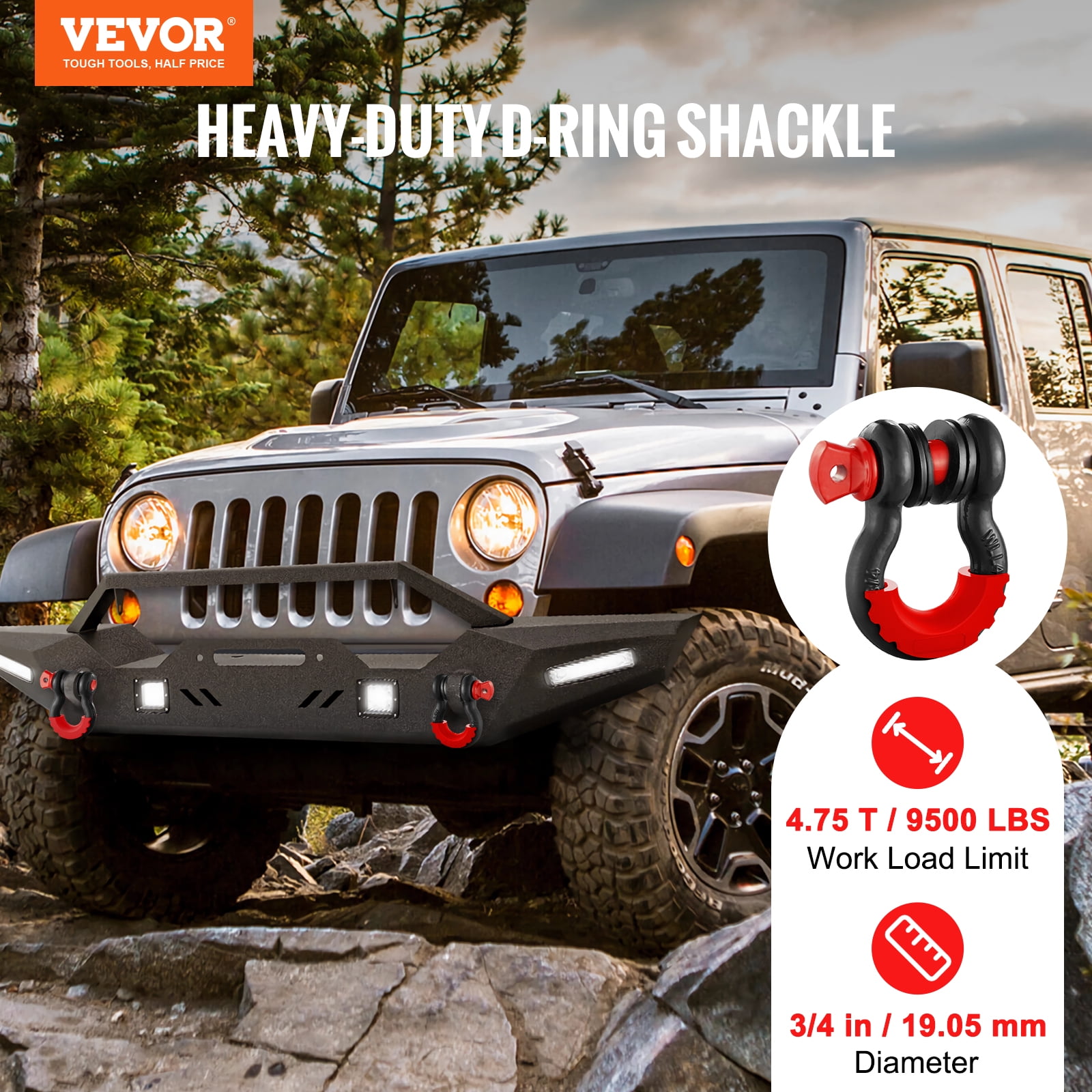 VEVOR 3/4" D-Ring Shackle,2 Pack Alloy Steel Shackles 62832 lbs (28.5 Ton) Break Strength with 7/8" Screw Pin, Isolators & Washers,Heavy Duty Off Road Vehicle Recovery Shackle for Jeep Truck,Black
