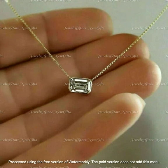 14K Yellow Gold Plated Sterling Silver Necklace | 1.00Ct Emerald Cut Simulated Diamond Pendant with 18" Chain