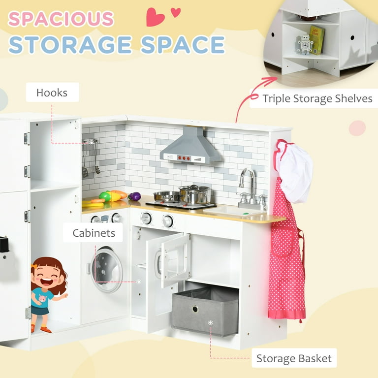 Qaba Corner Play Kitchen Set with Sound Effects and Tons of Countertop Space, Large Wooden Kitchen with Washing Machine, Food Toys, Ice Maker, Kids
