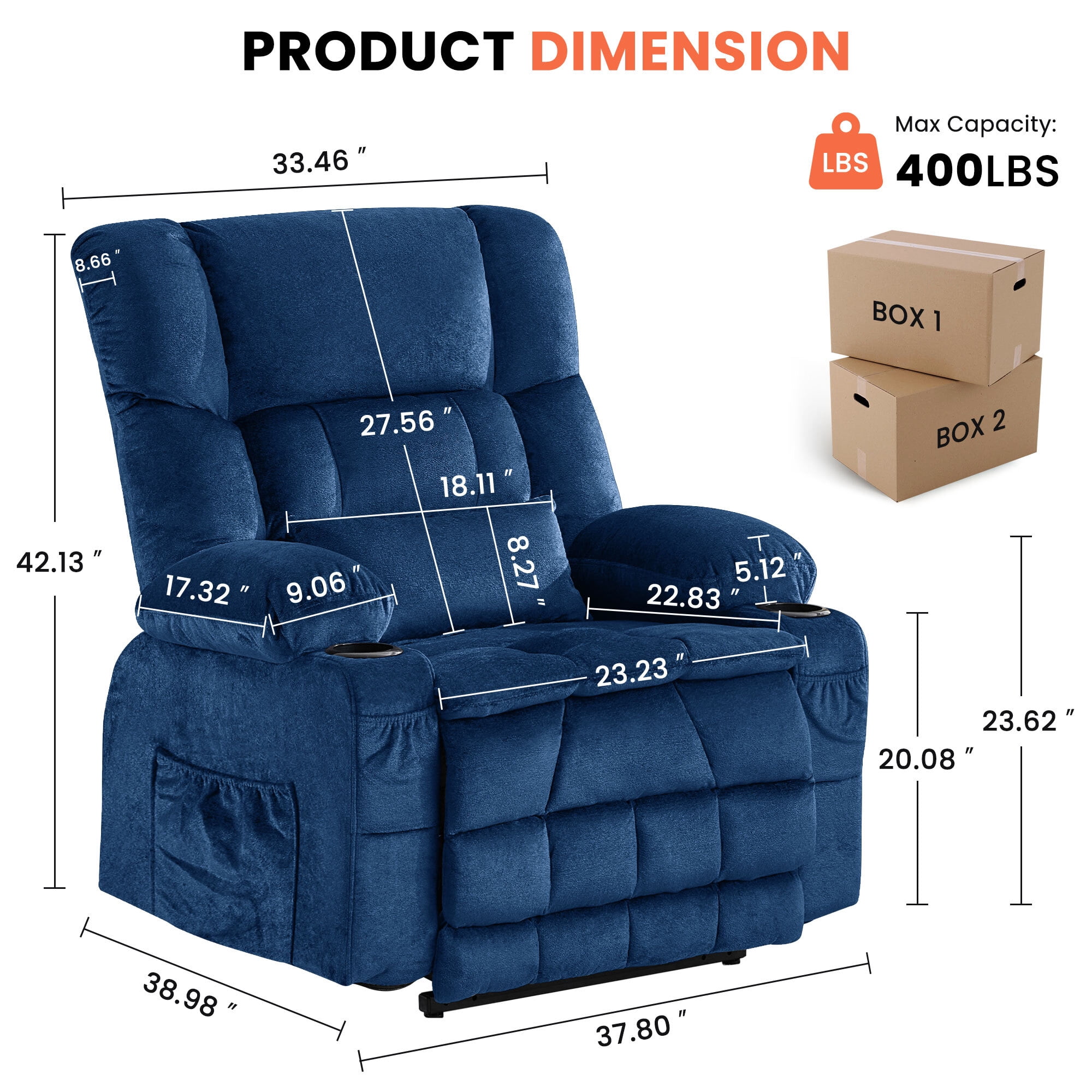 Alvantor Dual Motor Power Lift Recliner Chair for Elderly with Heat and Massage Large Single Sofa with Cup Holders for Living Room Blue