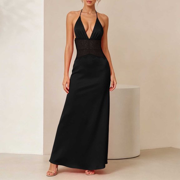 Aimik Women's Satin Lace Maxi Dress Summer Halter Deep V Solid Color Maxi Dress Silky Formal Tunic Evening Long Gown