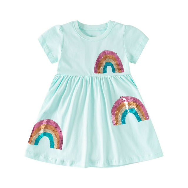 hengsof Robe Élégante à Manches Courtes Imprimée pour Filles, Robe d'Été en Coton Confortable et Décontractée pour Tenue Décontractée Ou de Fête, Convient de 2 à 7 Ans