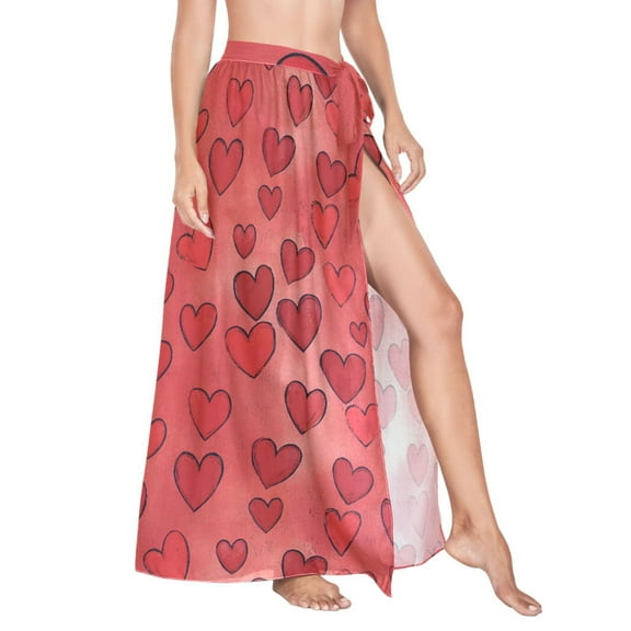 Women Sarong Wraps Valentain's Red Hearts Pattern Swimsuit Beach Pareo Bikini Coverups Skirt M