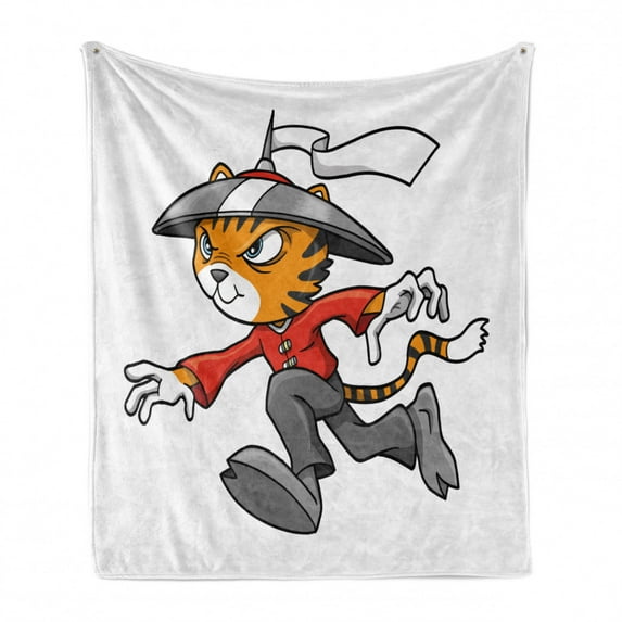 Ninja Cat Soft Flannel Fleece Throw Blanket, Nursery Themed Cartoon Warrior Character in Traditional Clothes, Cozy Plush for Indoor and Outdoor Use, 70" x 90", Multicolor, by Ambesonne
