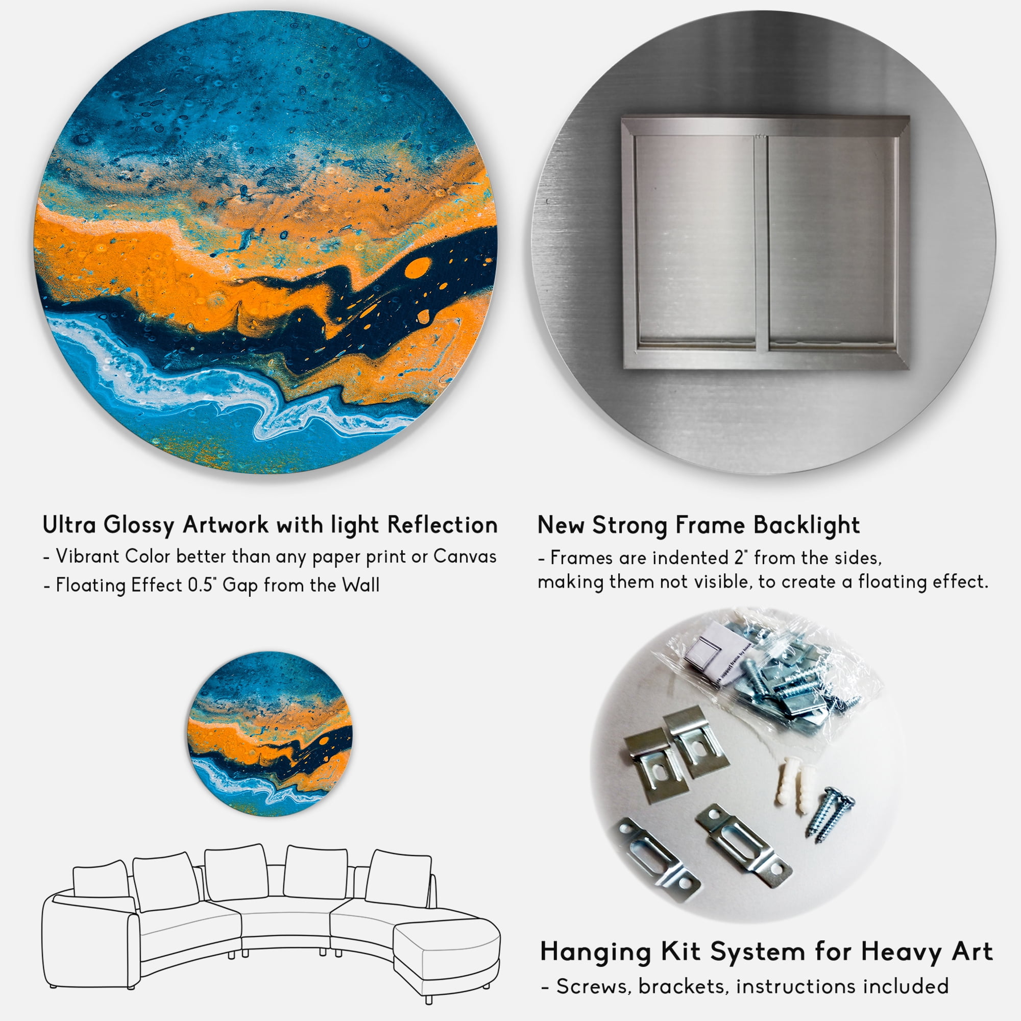 Designart 'Abstract Marble Composition In Orange and Blue IV' Modern Circle Metal Wall Art 23x23 - Disc of 23