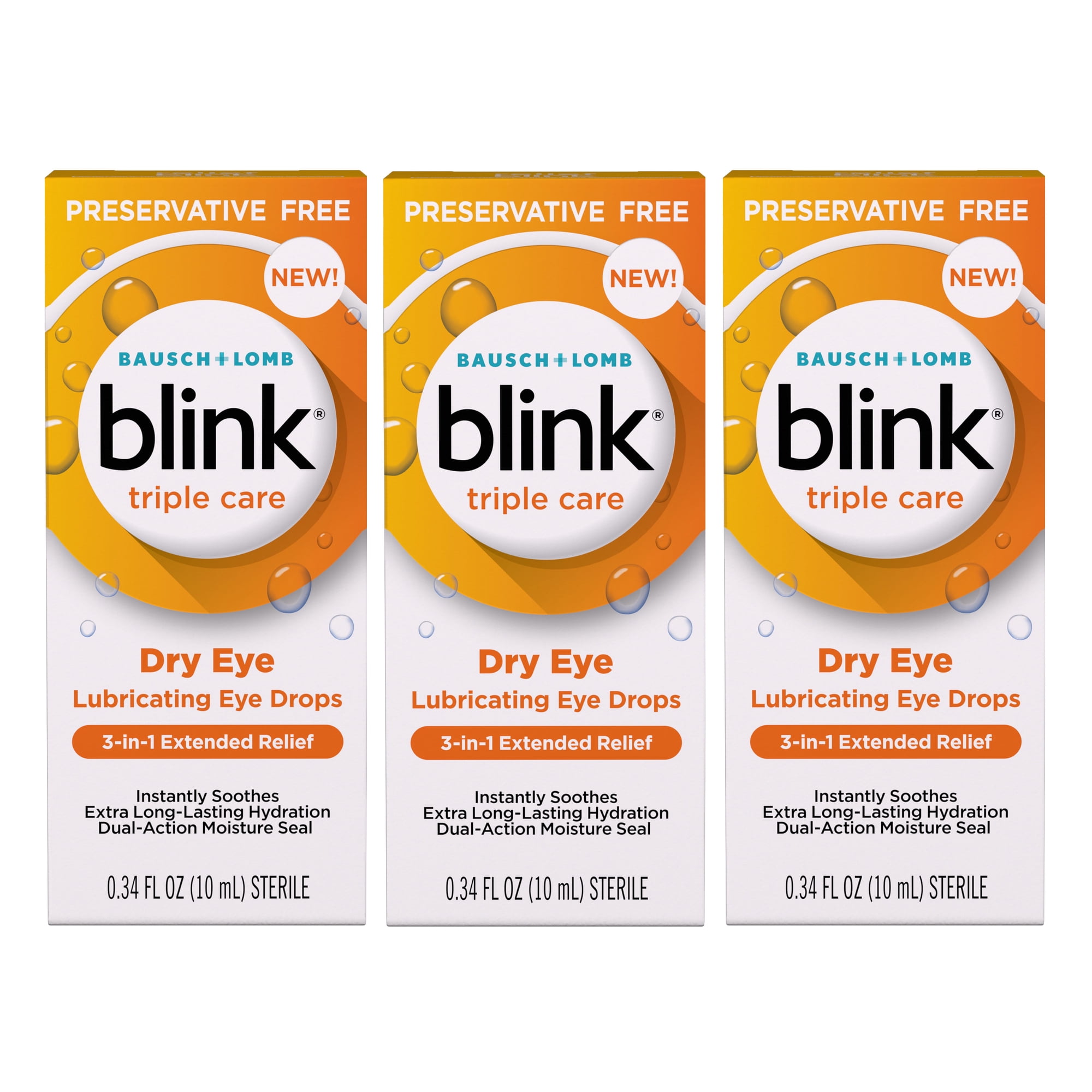 Blink Triple Care Preservative Free Lubricating Eye Drops, 3-in-1 Relief for Dry Eyes with Hyaluronic Acid, 0.34 FL OZ - 3 Pack