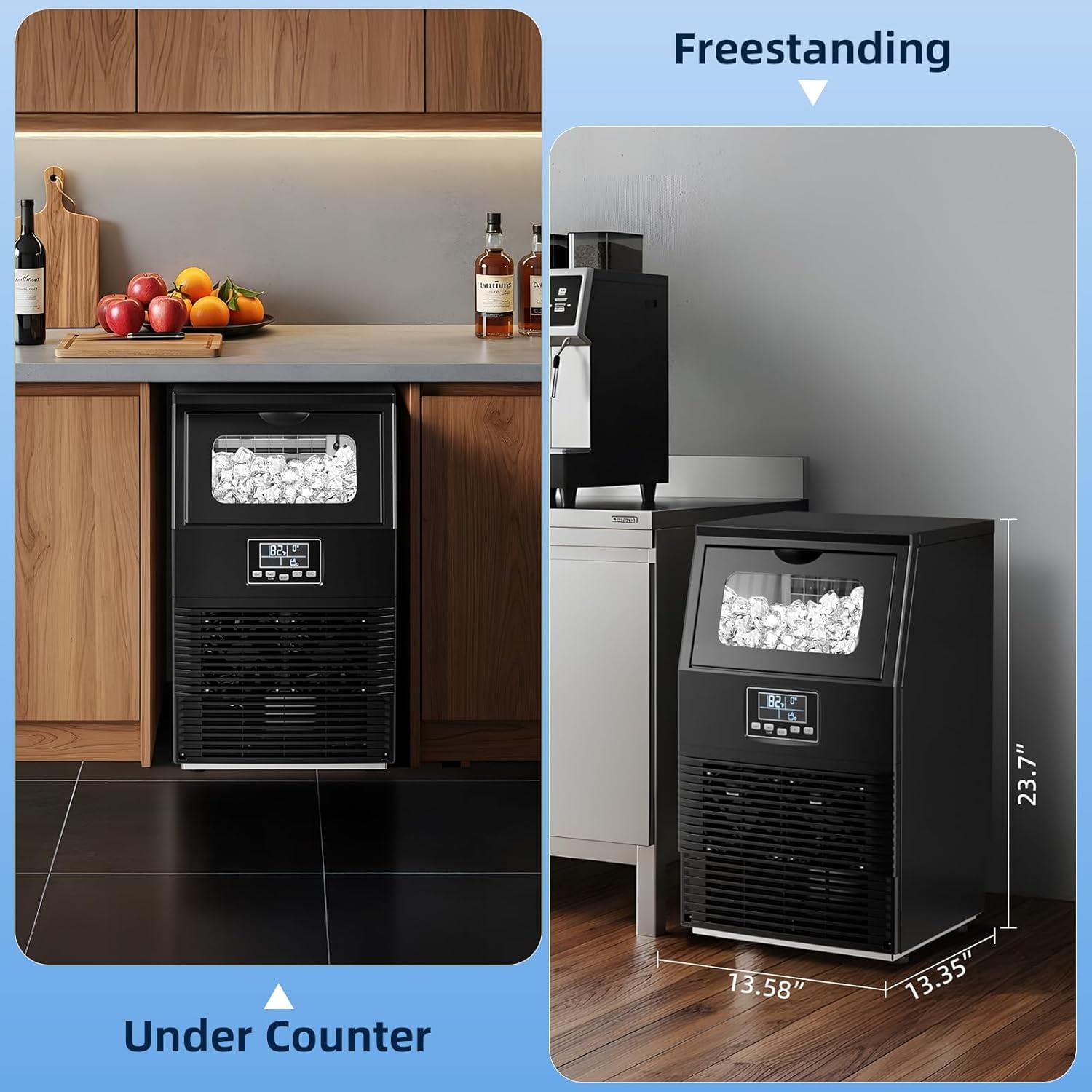 Commercial Ice Maker Machine,66Lbs/24H with 8Lbs Ice Storage Capacity,Stainless Steel Bulit-in Undercounter Freestanding Cube Ice Maker,Self-Cleaning,for Compact Cafe,Bar,Home Kitchen