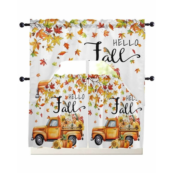 Orange Thanksgiving Kitchen Curtains Sets 36 Inch Length with Valance, Fall Watercolor Truck Pumpkins Leaves Swag Valances and Tiers Curtain Set Drapes Swag Curtains for Living Room, Bathroom