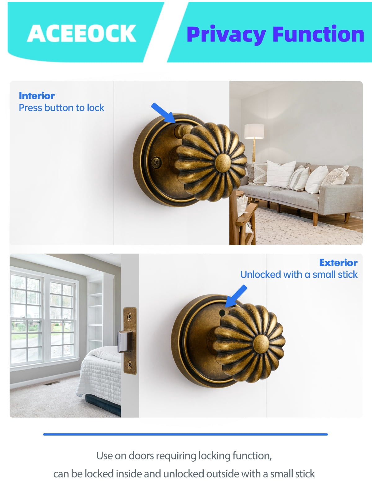 ACEEOCK Privacy Door Knob Antique Brass Door Knob, Bathroom Bedroom Door Handle Interior Vintage Doorknob, Aluminium Alloy Knob