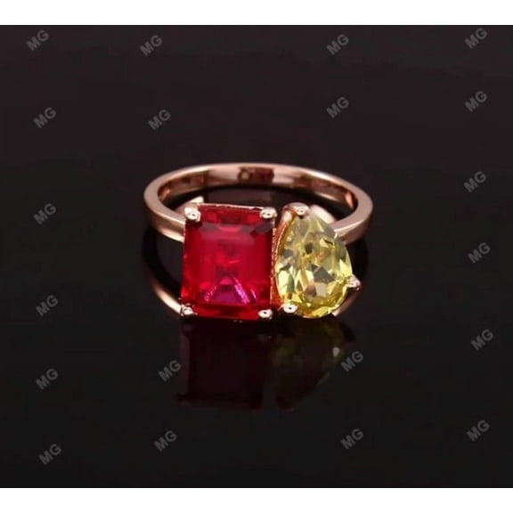 Toi Et Moi Ruby And Yellow Sapphire Ring, Double Gemstone Wedding Ring, Ruby Ring 925 Silver Promise Engagement Ring For Her, Best Anniversary Gift.