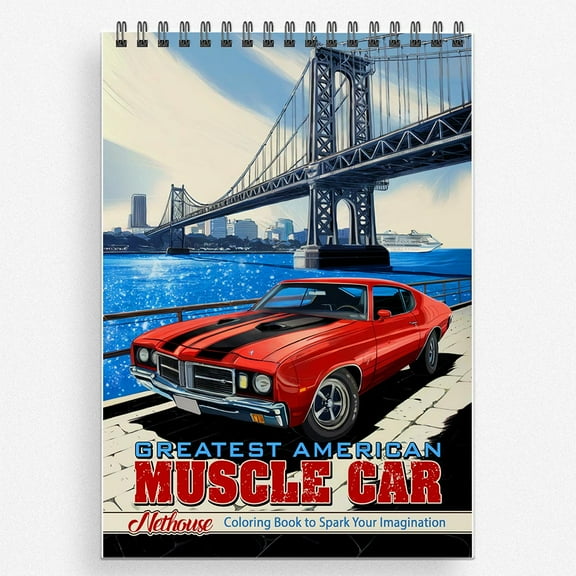 NETHOUSE Greatest American Muscle Car Coloring Book For Adults Relaxation & Stress Relief, 30 Coloring Pages of Classic American Muscle Cars, Powerful Engines, Sleek Designs, and Vintage Road Scenes