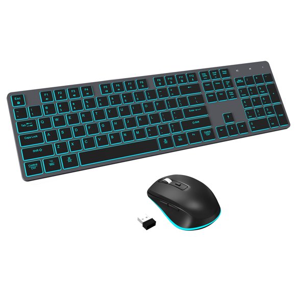 Wireless Keyboard and Mouse RGB Backlit Combo, Slim & Quiet, Rechargeable, Light Up, Jiggler Mouse, Tilt Angle, 2.4GHz Silent Keyboard Mouse for Mac Windows PC