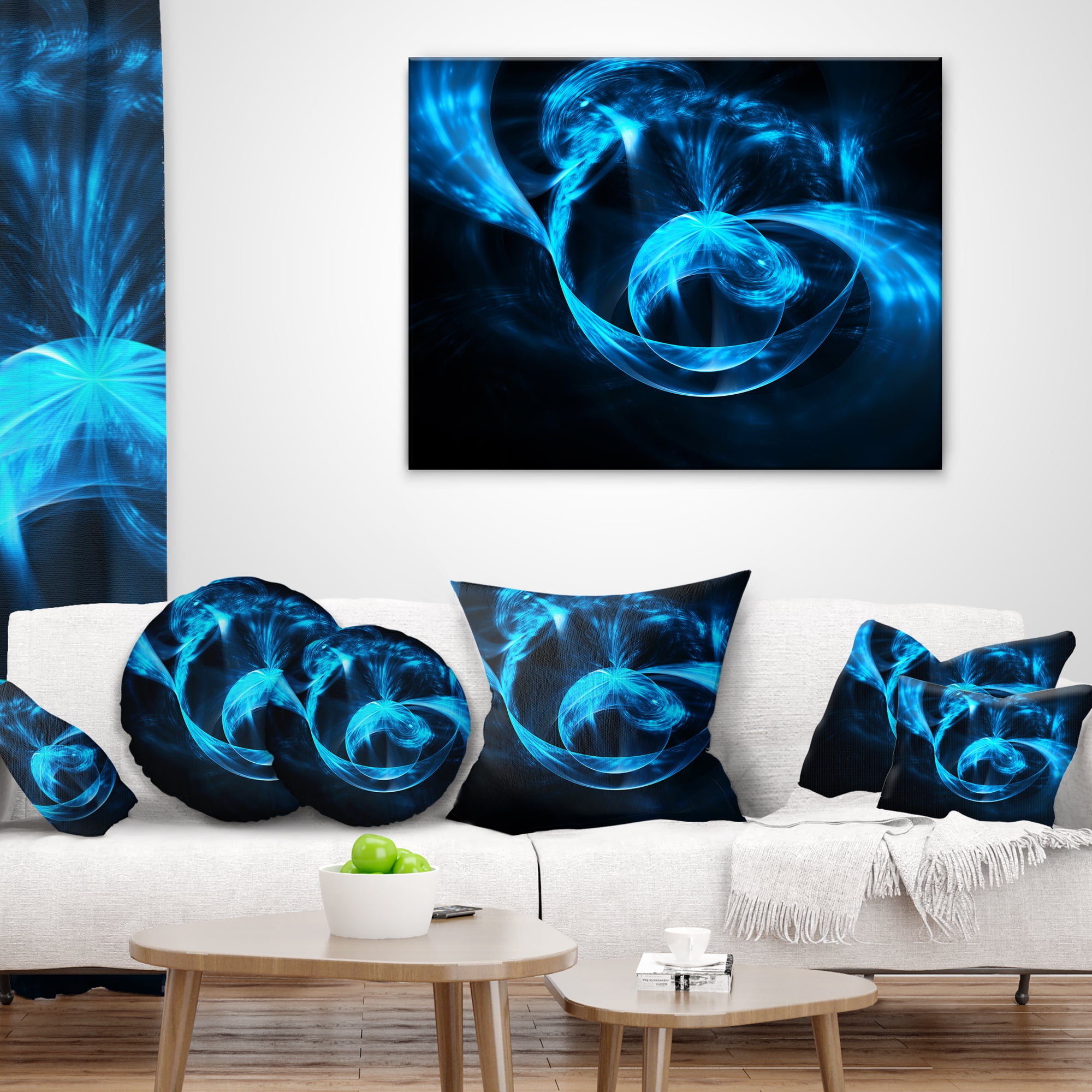 Designart Fractal 3D Circled Blue Waves - Contemporary Throw Pillow - 12x20