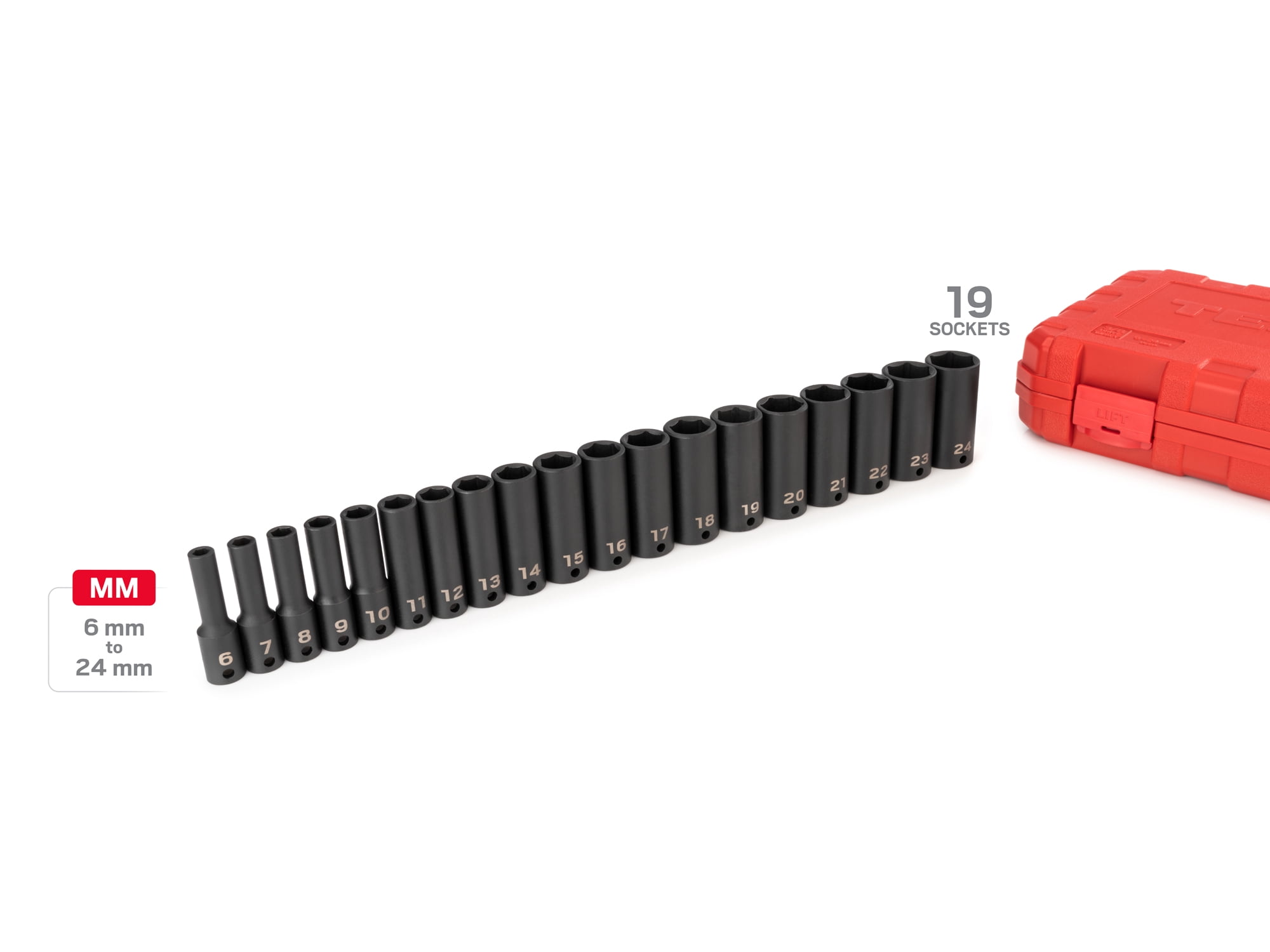 TEKTON 3/8 Inch Drive Deep 6-Point Impact Socket Set with Case, 19-Piece (6 - 24 mm) | SID91303