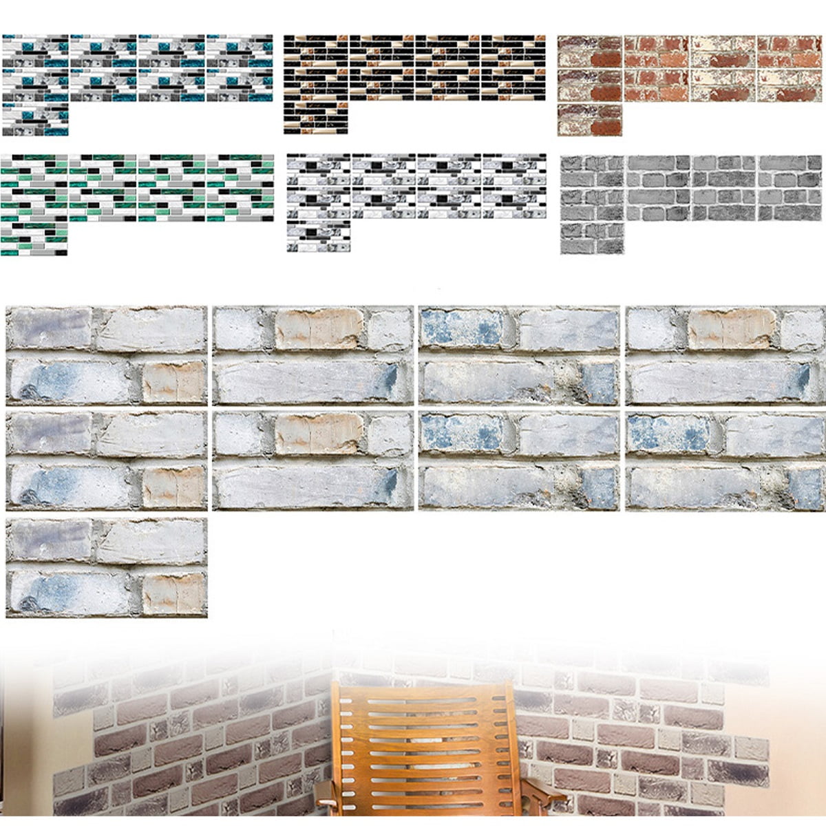 9pcs 3D Brick Tile Sticker Self-adhesive Wall Stickers Kitchen Bathroom Decor US 