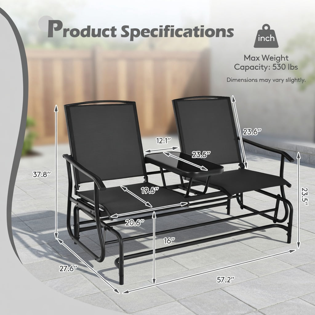 Hommoo 2-Person Outdoor Rocking Loveseat with Tempered Glass Center Table, Steel Frame Patio Seating, Black