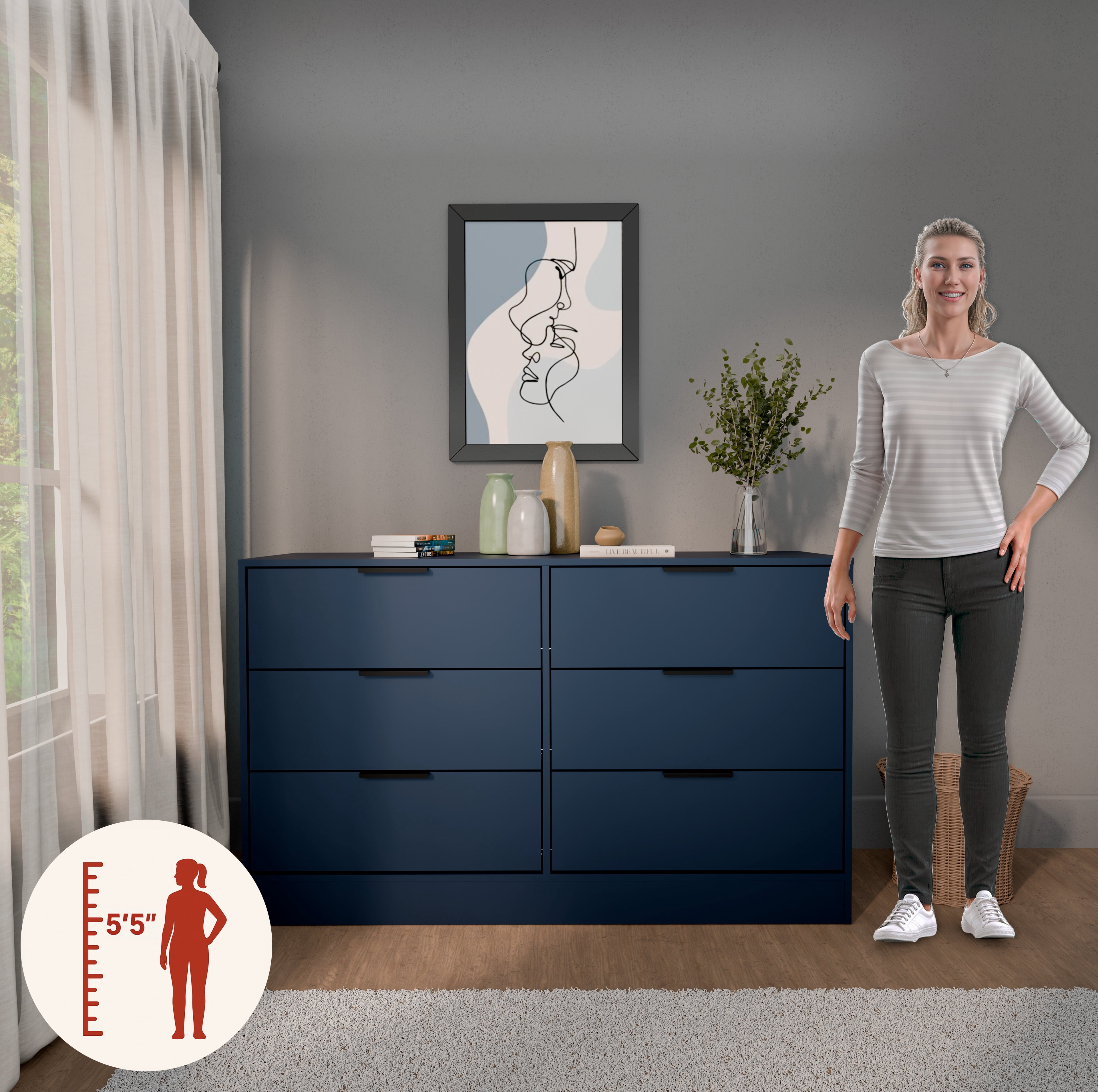 Kappesberg Fresno Modern 6-Drawer Dresser, Deep Blue – Bedroom Storage for Adults and Teens, 32.3"H x 57"W x 17.7"D