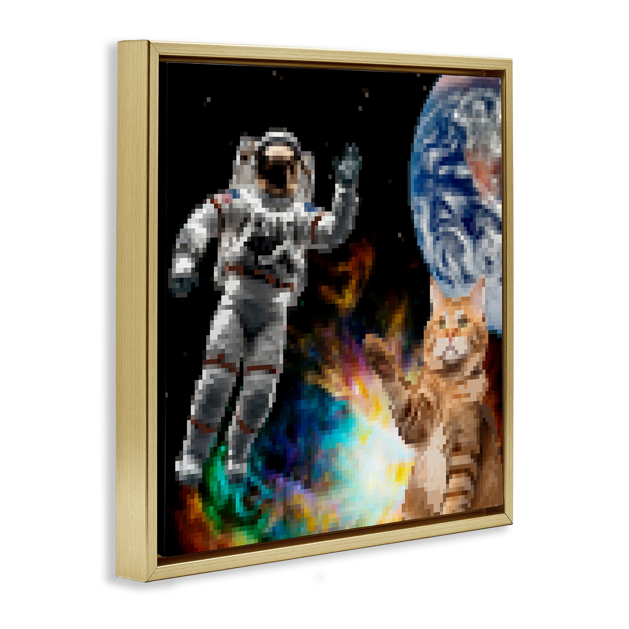 Stupell Industries Pixel Cat in Space Novelty & Humor Painting Gold Floater Framed Canvas Art Print Wall Art, 25 x 25