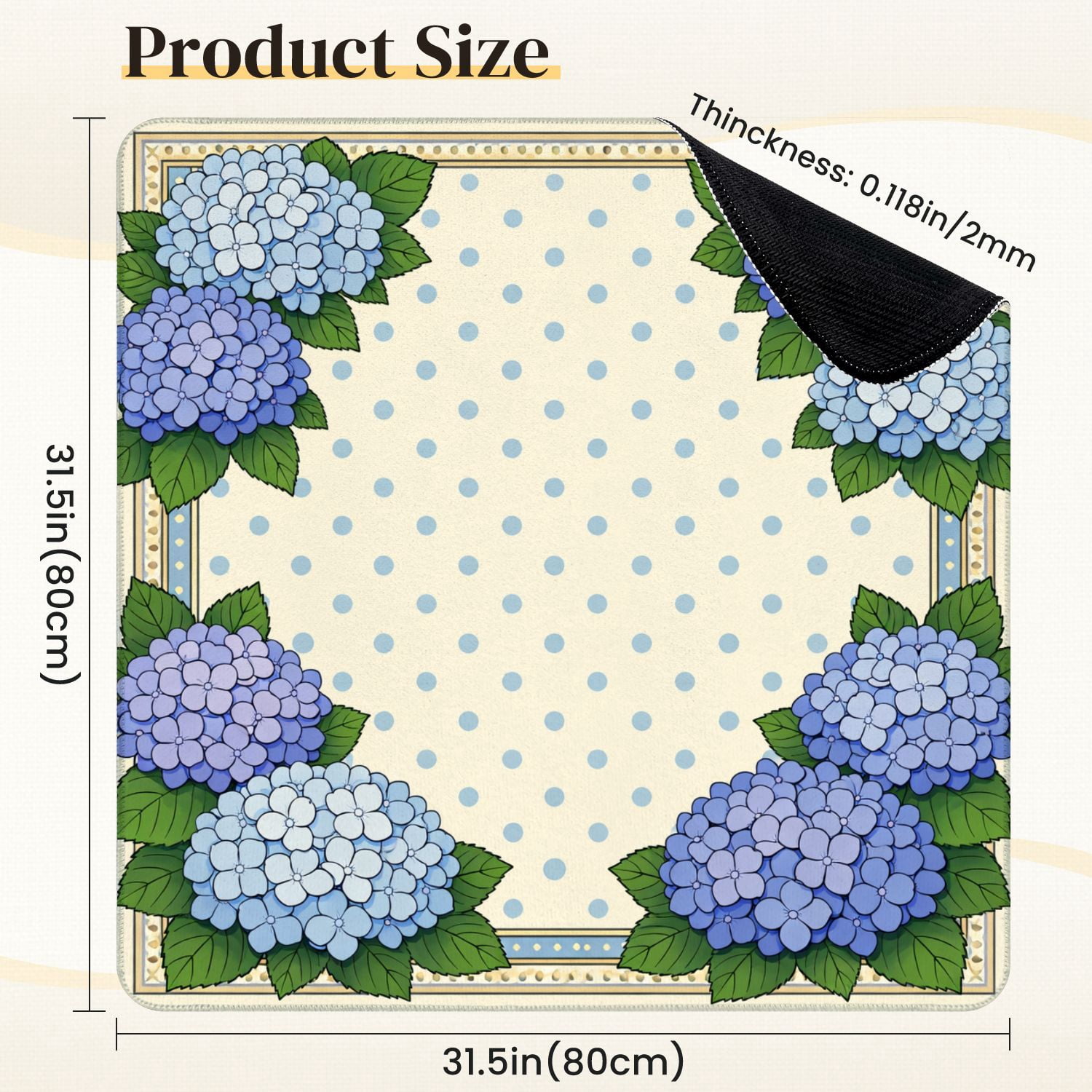 Mahjong Mat 31.5" x 31.5" Blue Hydrangea Floral Green Leaves Dotted Non-Slip Noise Reduction Mahjong Tiles Table Cover for Dominoes Poker Card Board and Tile Games