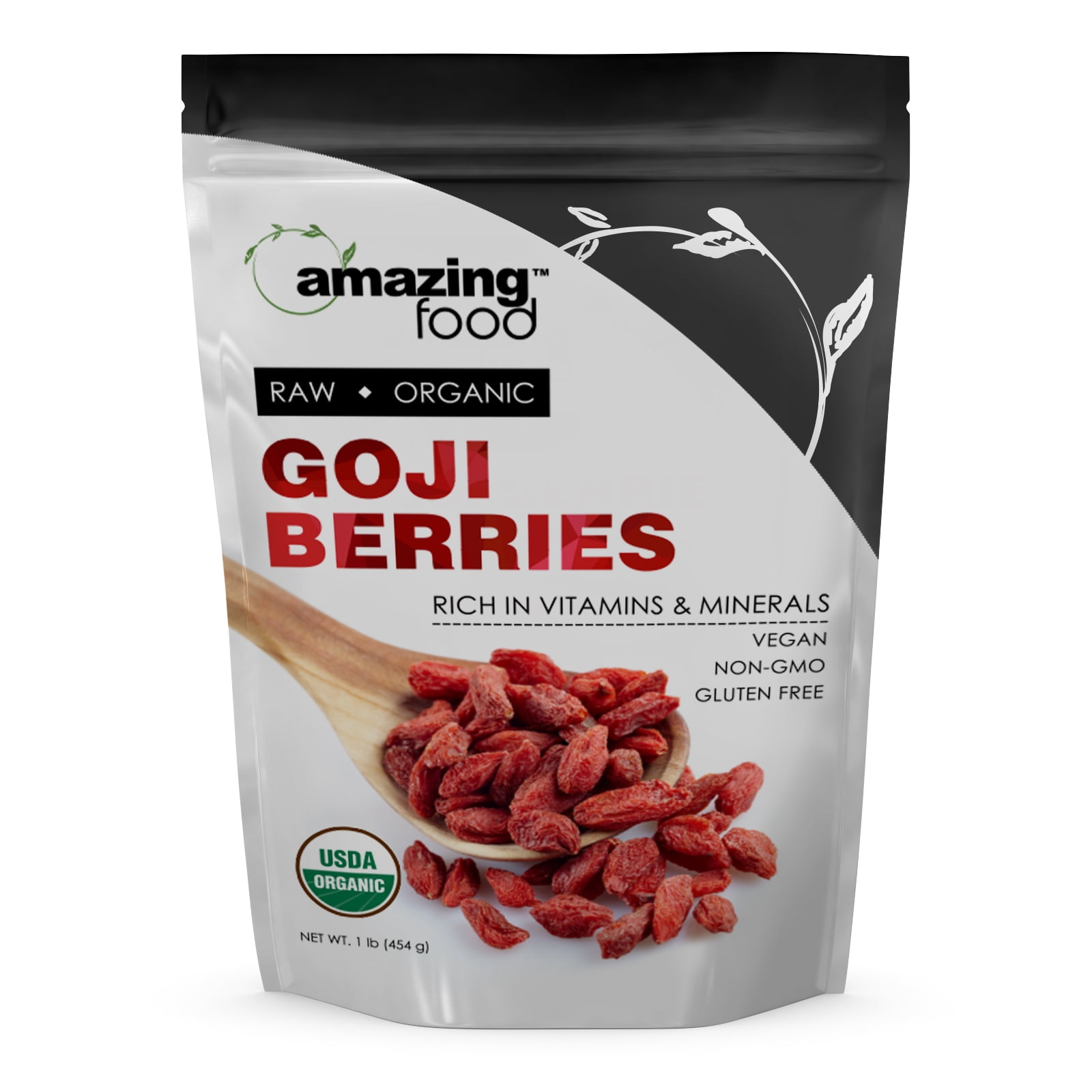 Amazing Food USDA Certified Organic Goji Berries 1 lbs (453 g) | Vegan | Raw Gluten-Free Kosher 16 Servings | 28 Grams per Serving | Non-GMO | Gluten-Free | Made in USA