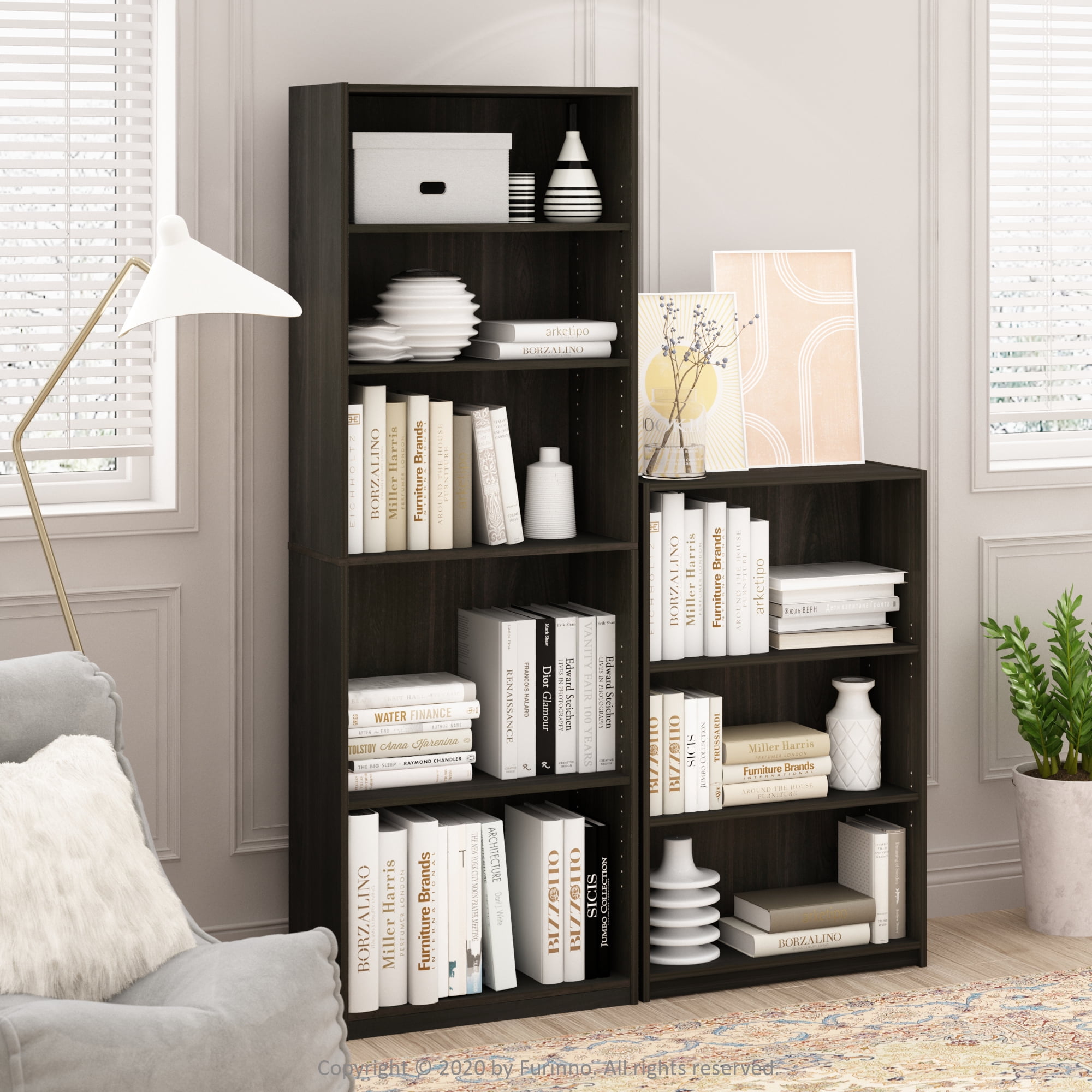 Furinno JAYA Book Shelf, 5-Tier Bookshelf, Bookcase with Adjustable Shelves, 9.5 x 24.5 x 71.2, for Living Room, Bedroom, Home Office, Black Espresso