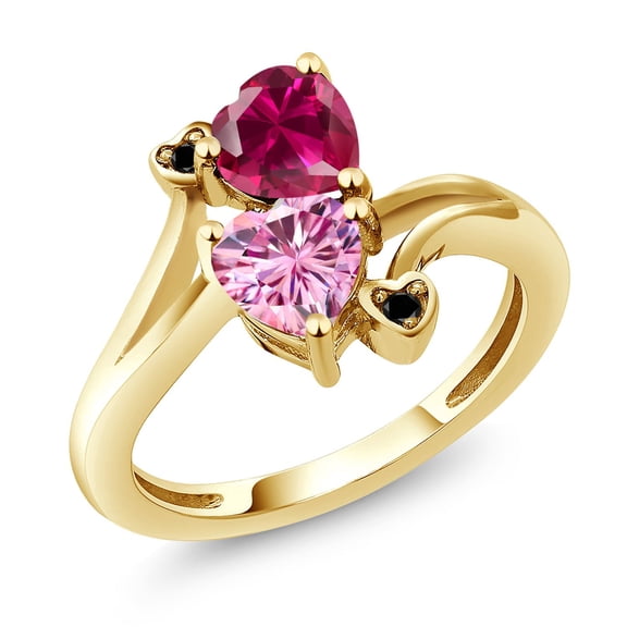 Gem Stone King 18K Yellow Gold Plated Silver Red Created Ruby Pink Moissanite and Black Diamond Ring for Women (1.80 Cttw, Heart Shape 6MM, Gemstone July Birthstone, Size 9)