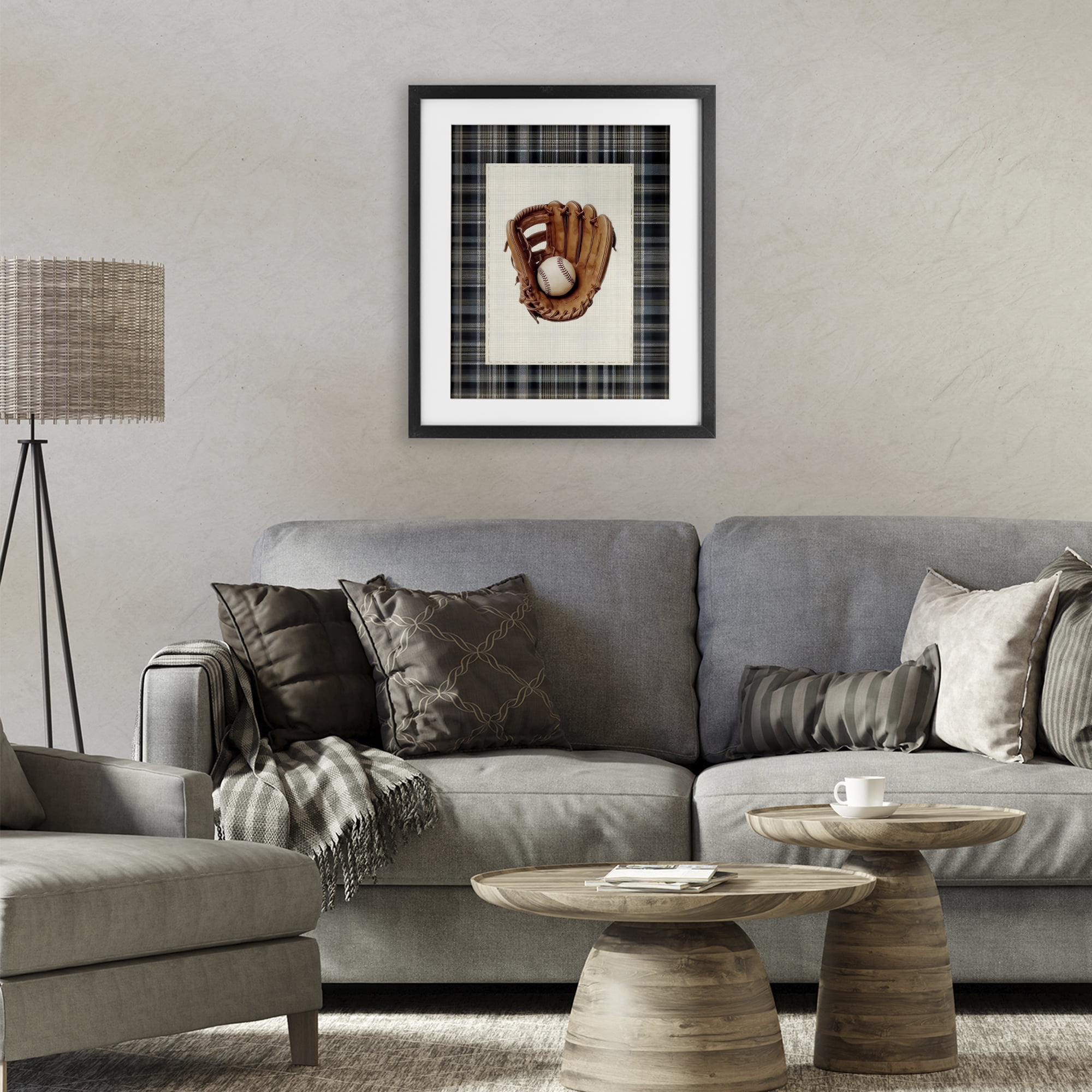 Stupell Industries Baseball Glove with Plaid Black Framed Print Under Glass, design by Arlington Prints