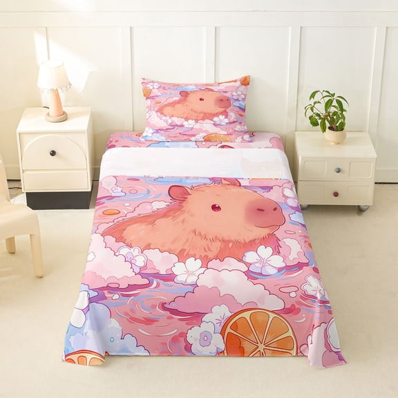 Manfei Kawaii Cherry Blossoms Twin Sheets,Lovely Capybara Bedding,Pink,3-Piece,1 Fitted Sheet and 1 Pillowcase
