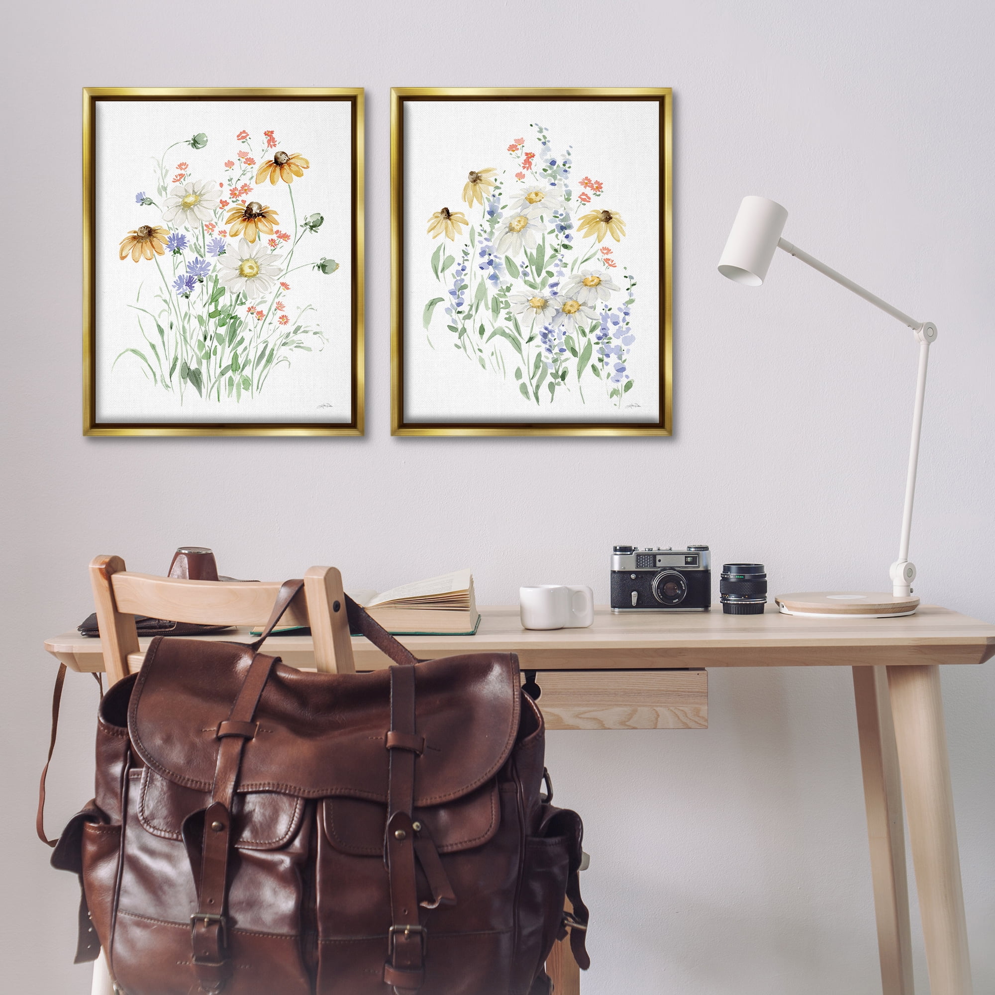 Stupell Industries Summer Garden Watercolor Daisies Plants & Flowers Painting Gold Floater Framed Canvas Art Print Wall Art, 31 x 25, Set of 2