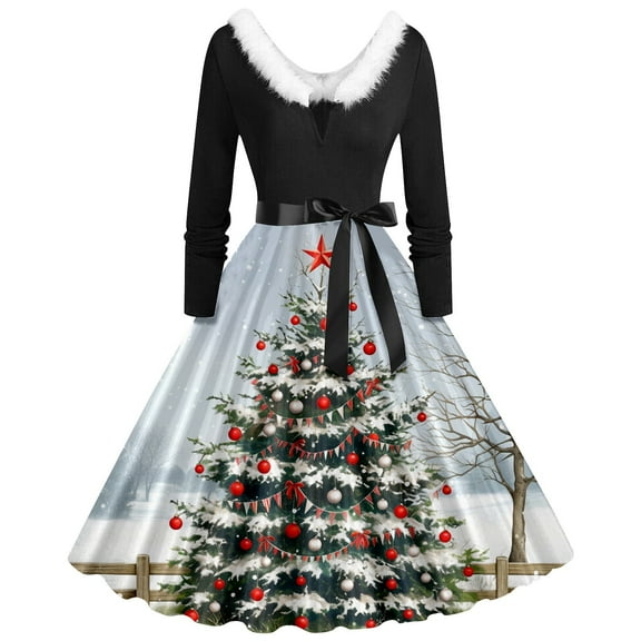 Christmas Dresses for Women Christmas Clothes for Women Festive Long Sleeve Crewneck Irregular Hem Party Gown Elegant Holiday Dinner Dress for And Events