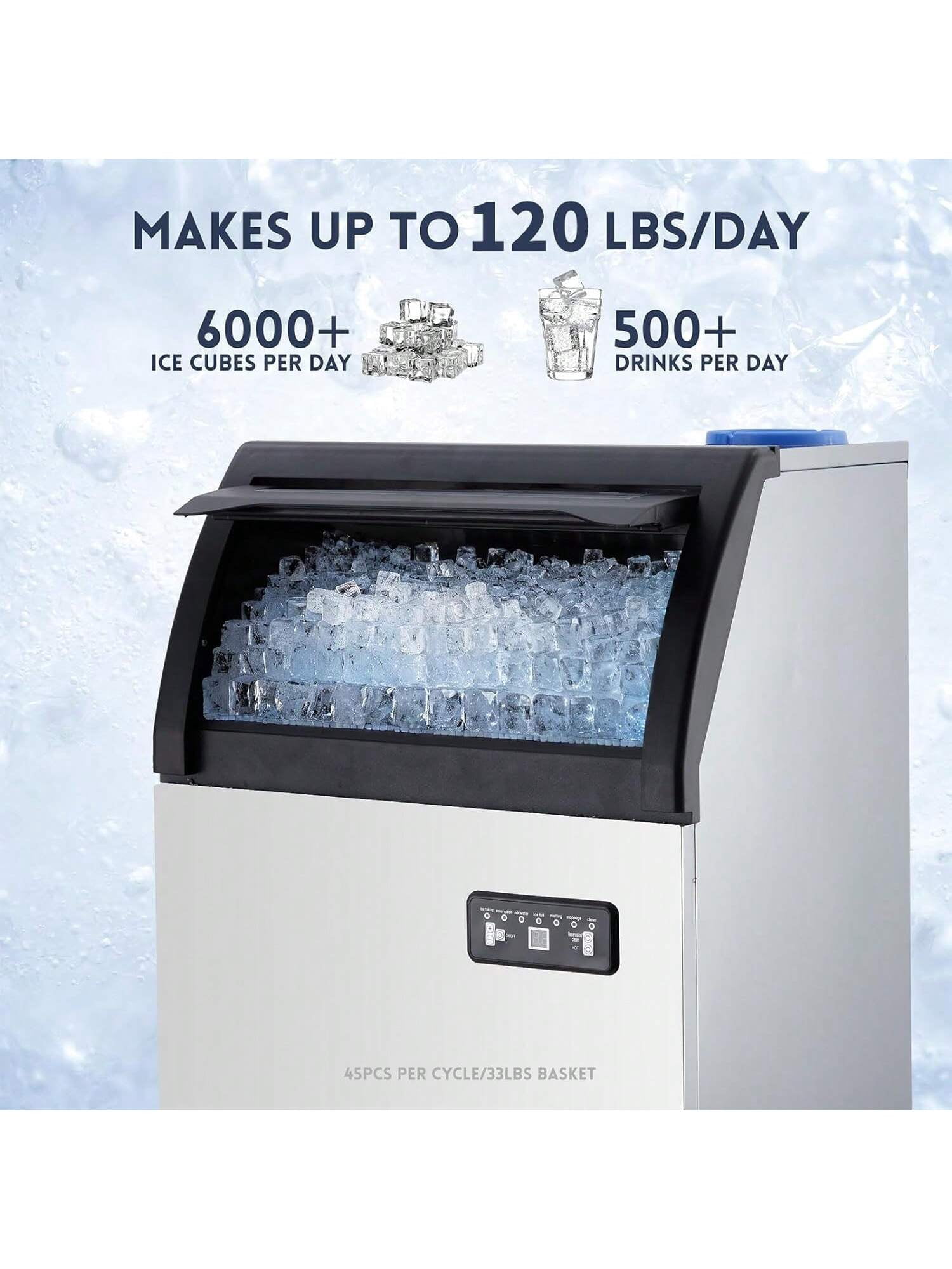 EastVita IdealHouse Commercial Ice Maker Machine. 120lbs/24H Stainless Steel Under Counter Ice Machine. Self Cleaning. 33 Lbs Basket For Home Office Restaurant Bar. Water Filter. Scoops. Drain Pipe