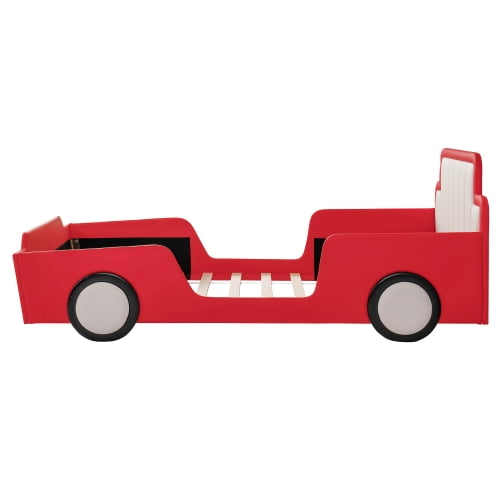 Twin Size Race Car Shaped Platform Bed with Wheels and Safety Rails, Red
