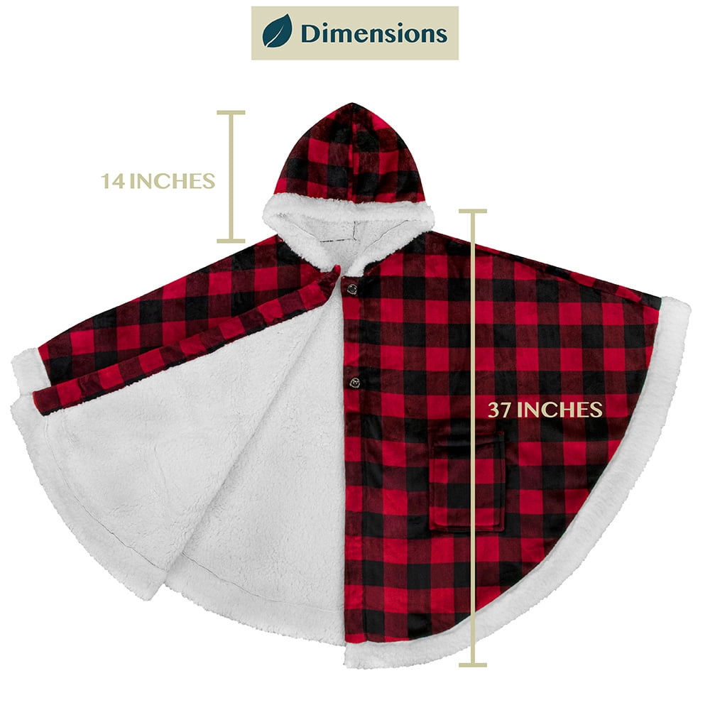 PAVILIA Sherpa Fleece Wearable Blanket for Adult Women, Cozy Plush Blanket Poncho Cape with Hood, Super Soft Shawl, Angel Wrap Throw for Office, Black and Red Buffalo Plaid Checkered