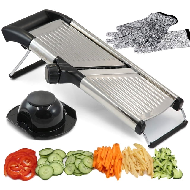 Mandolina ajustable para cortar verduras Ideal para cortar alimentos, frutas y verduras Mandolina para cortar en juliana Guantes a prueba de cortes Acero inoxidable