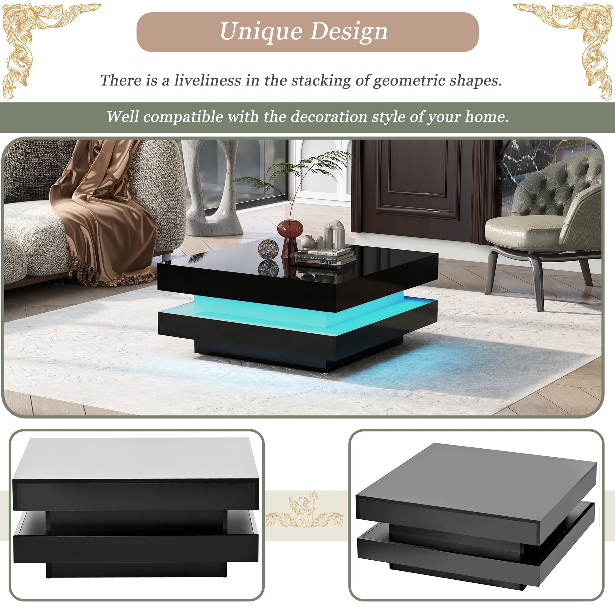 MAYEERTY High Gloss Minimalist Square Coffee Table with LED Lights, 2-Tier Center Table for Living Room, 31.5''x31.5''x14.2'', Black