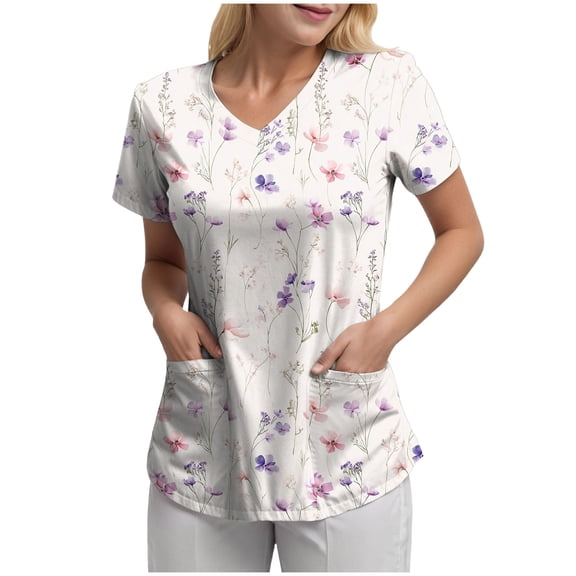 felwors Scrubs for Women V-Neck Top with Pockets, Moisture Wicking Holiday Scrub Tops, Stretch Plus Size Nurse Uniform Shirts (White, XXXL)